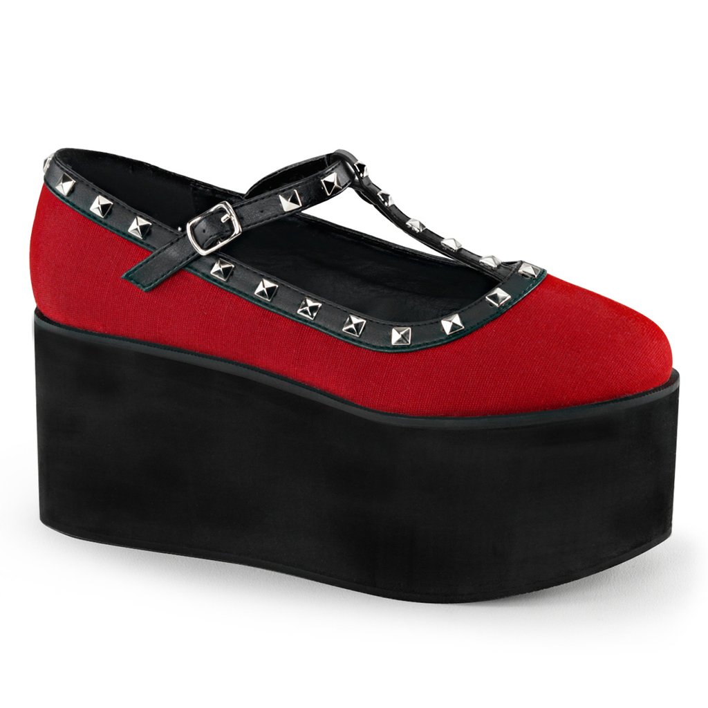 Chaussures Plateforme Demonia Click 07 Toile Femme - Rouge/Noir 68327-XFHC